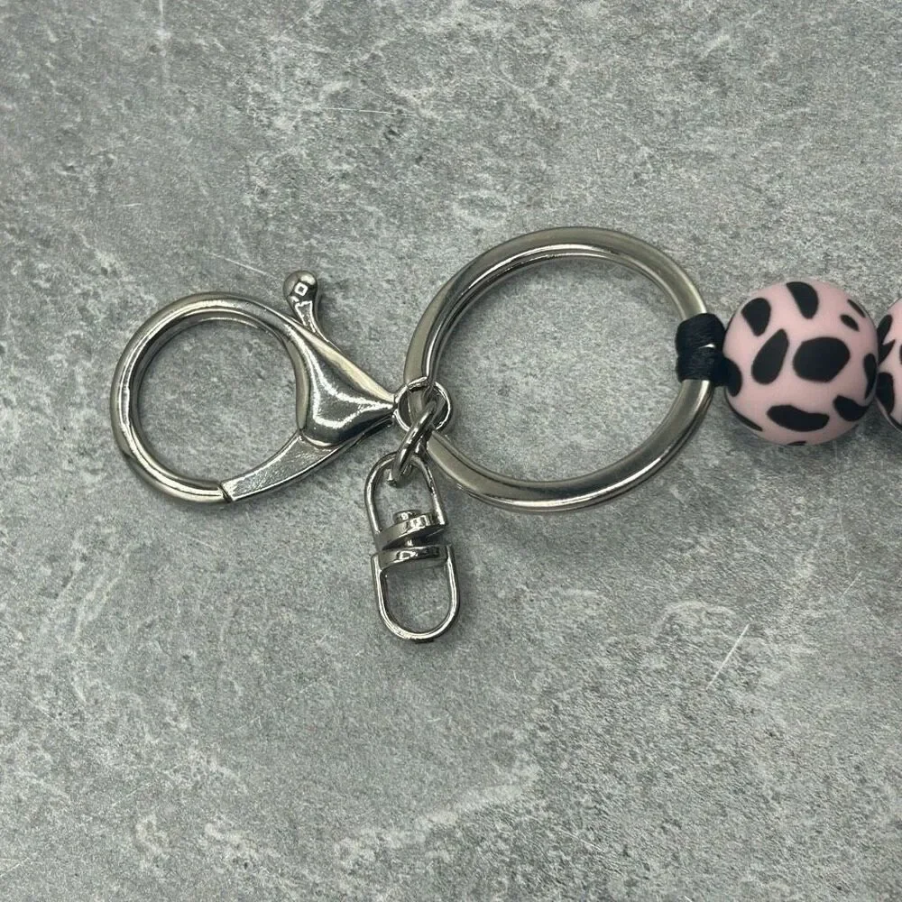 New Handmade Leopard Beaded Keychain Black Pink Round Beads Wristlet Key Ring Ac